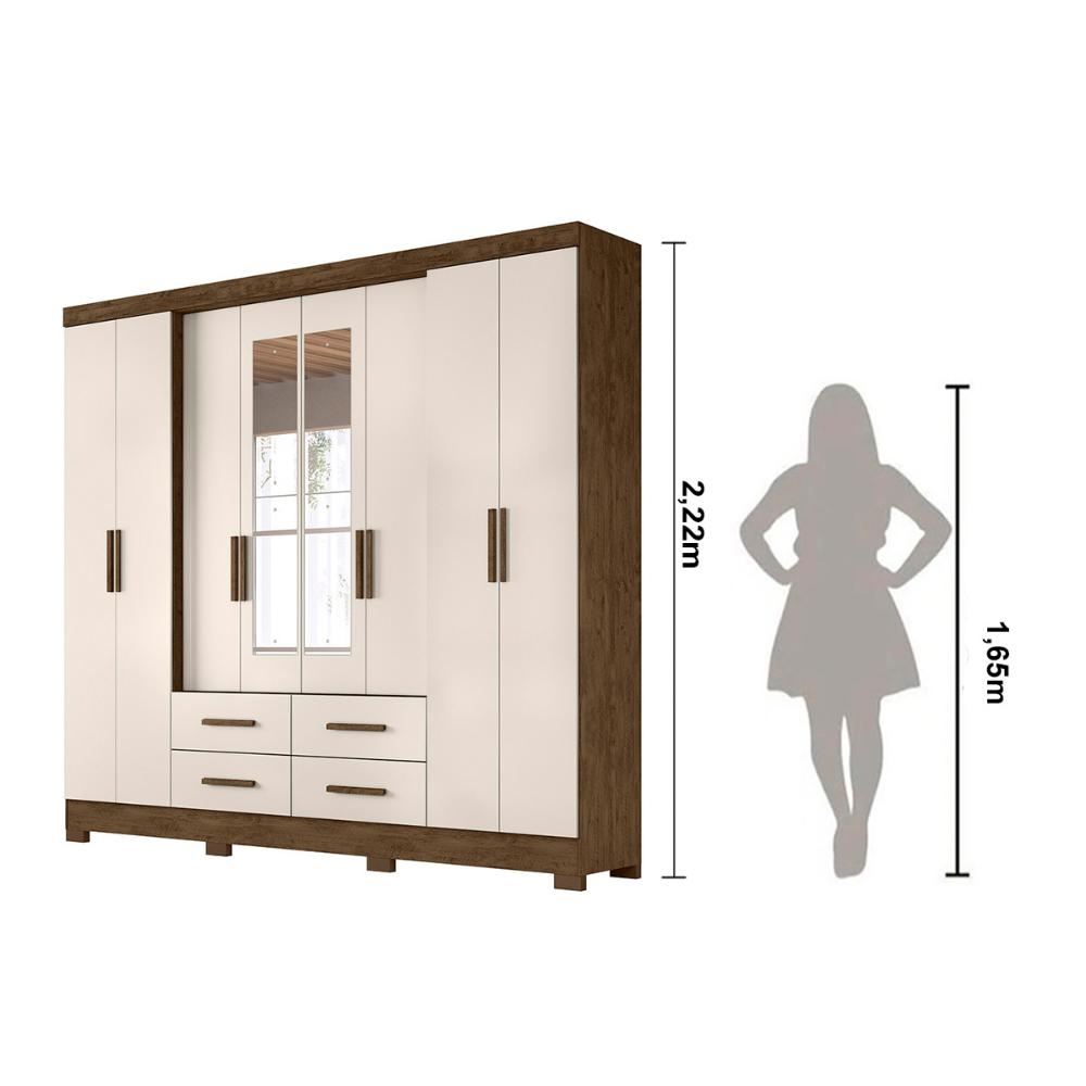 Guarda Roupa Casal 8 portas espelho 4 gavetas San Lorenzo Plus - Castanho Wood / Baunilha
