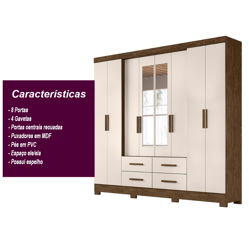 Guarda Roupa Casal 8 portas espelho 4 gavetas San Lorenzo Plus - Castanho Wood / Baunilha