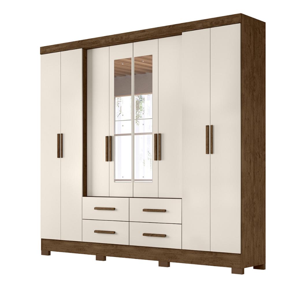 Guarda Roupa Casal 8 portas espelho 4 gavetas San Lorenzo Plus - Castanho Wood / Baunilha