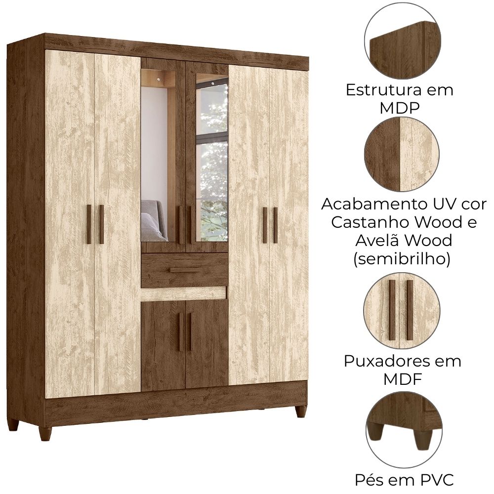 Guarda Roupa Casal 8P Espelho 165 cm Portugal Castanho Wood Avela Wood Moval
