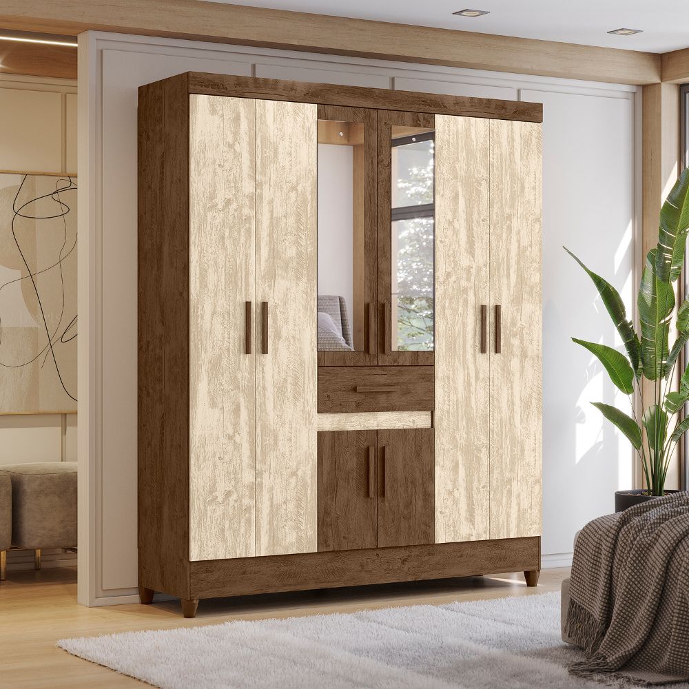 Guarda Roupa Casal 8P Espelho 165 cm Portugal Castanho Wood Avela Wood Moval