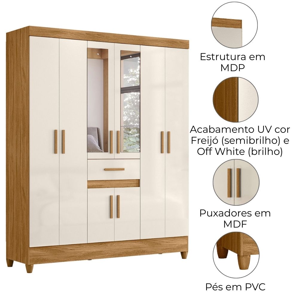 Guarda Roupa Casal 8P Espelho 165 cm Portugal Freijo Off White Moval