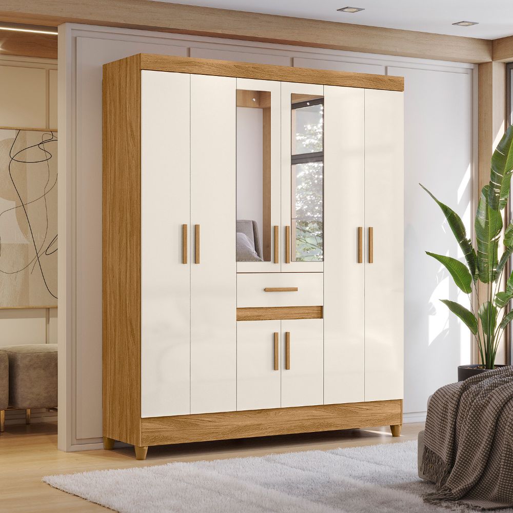 Guarda Roupa Casal 8P Espelho 165 cm Portugal Freijo Off White Moval