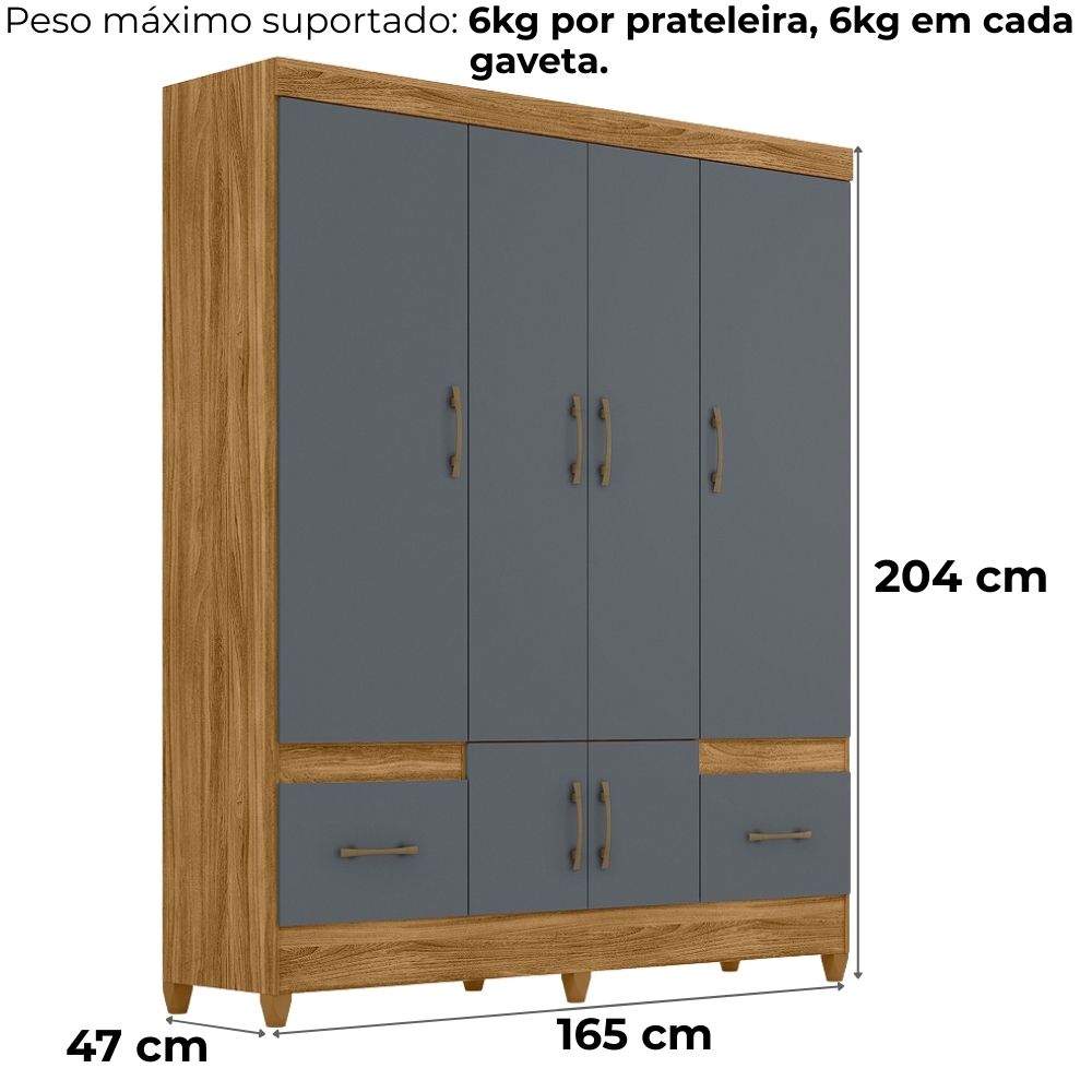 Guarda Roupa Casal MS912 6P 165 cm Freijo Cinza Moval