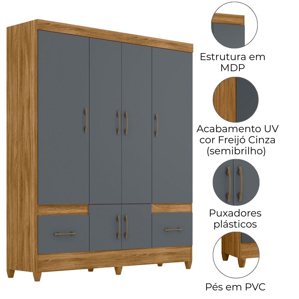 Guarda Roupa Casal MS912 6P 165 cm Freijo Cinza Moval