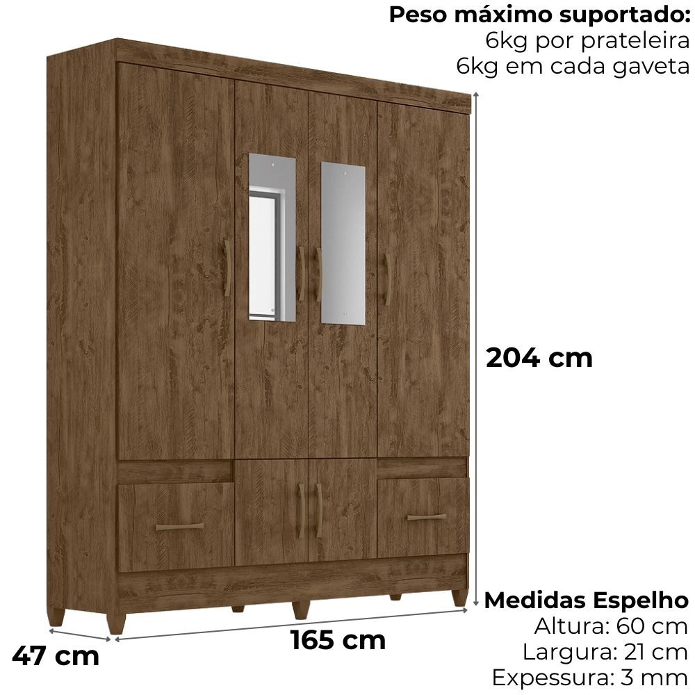 Guarda Roupa Casal MS912 6P Espelho 165 cm Castanho Wood Moval