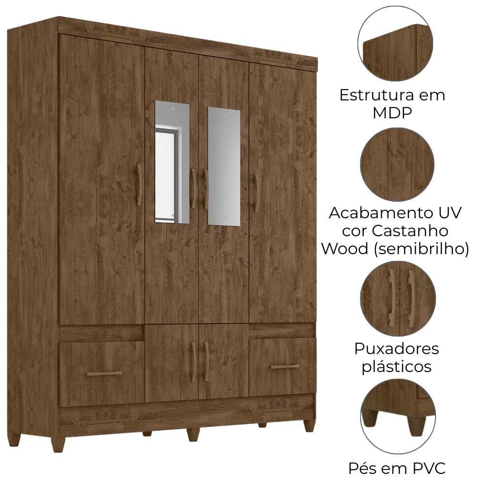 Guarda Roupa Casal MS912 6P Espelho 165 cm Castanho Wood Moval