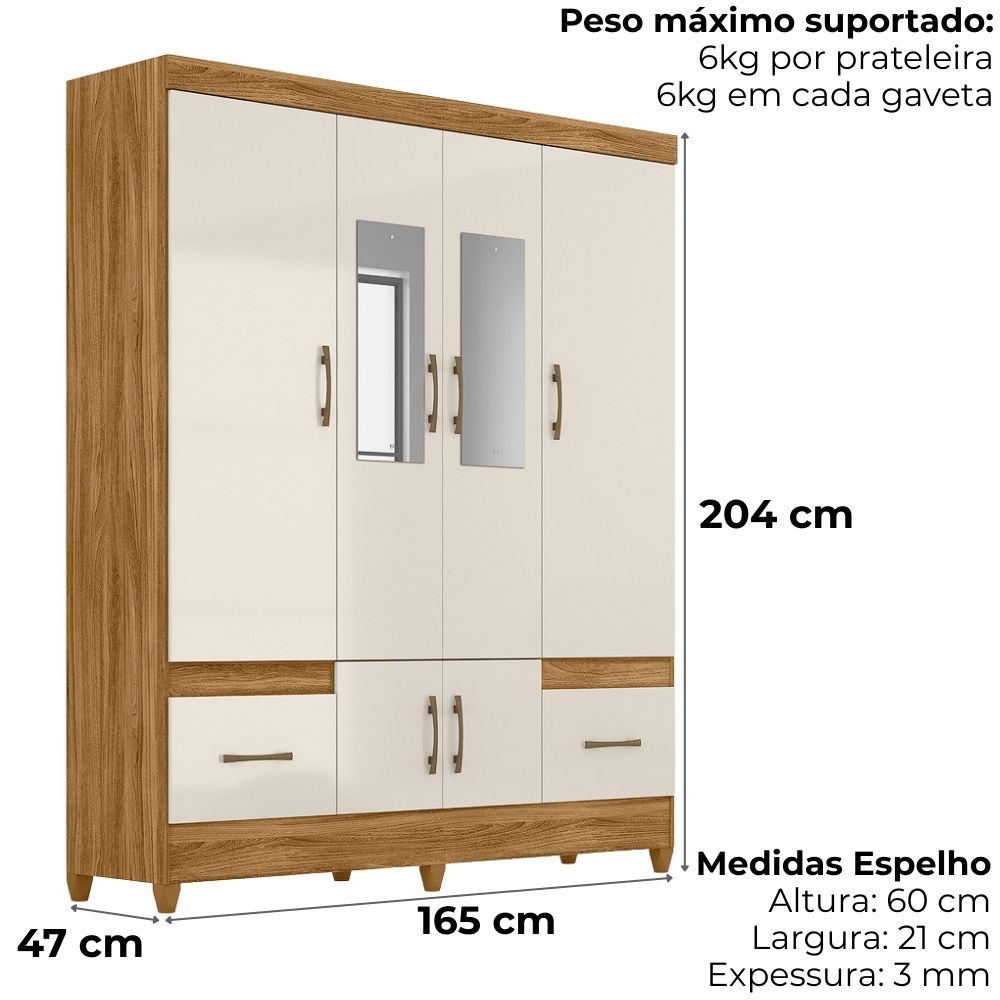 Guarda Roupa Casal MS912 6P Espelho 165 cm Freijo Off White Moval