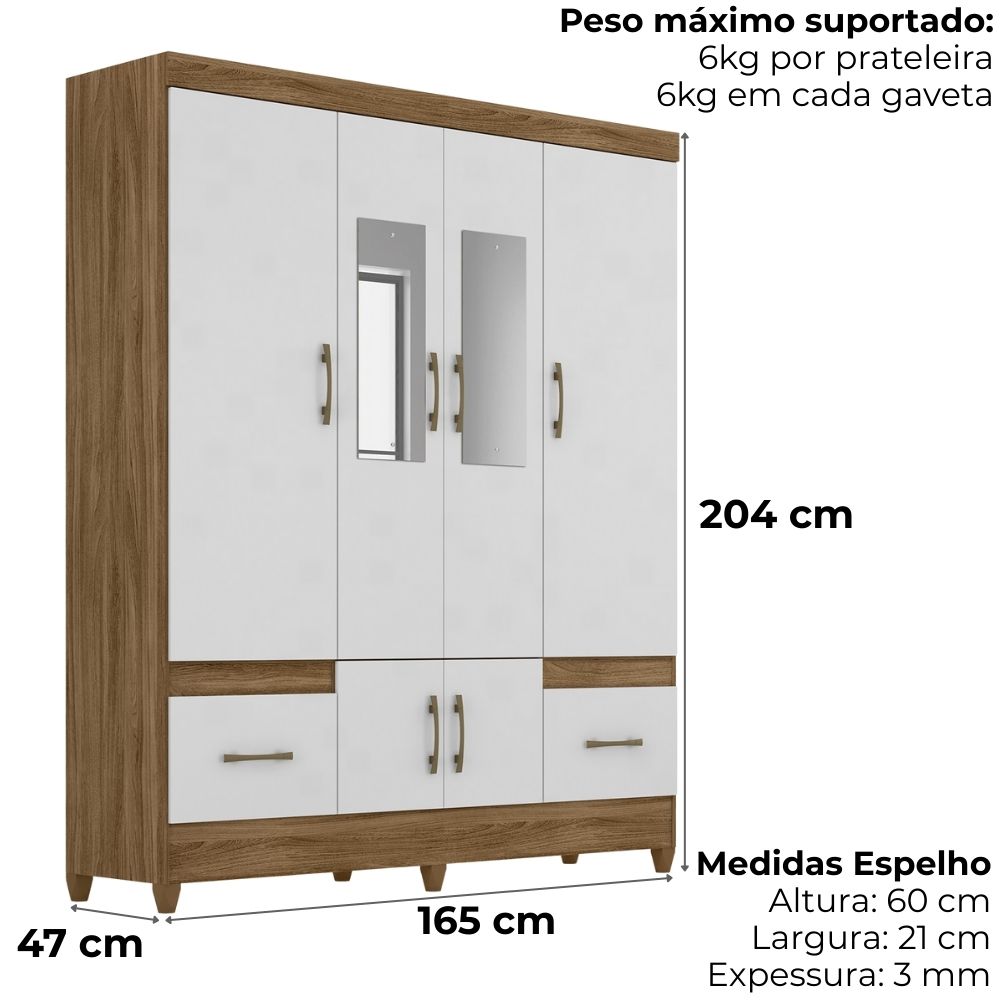 Guarda Roupa Casal MS912 6P Espelho 165 cm Naturale Branco Moval
