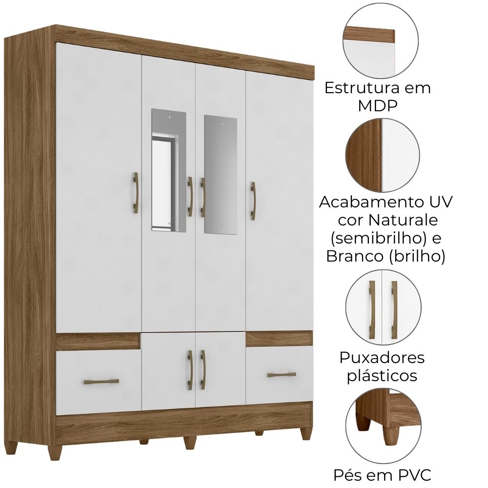 Guarda Roupa Casal MS912 6P Espelho 165 cm Naturale Branco Moval