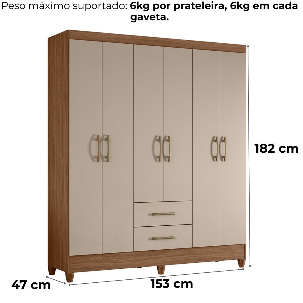Guarda Roupa Casal Panama 6P 153 cm Carvalho Fendi Moval