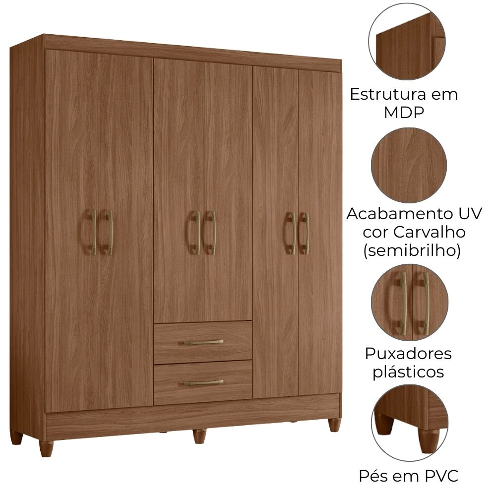 Guarda Roupa Casal Panama 6P 153 cm Carvalho Moval