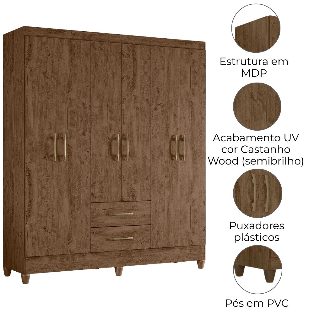 Guarda Roupa Casal Panama 6P 153 cm Castanho Wood Moval