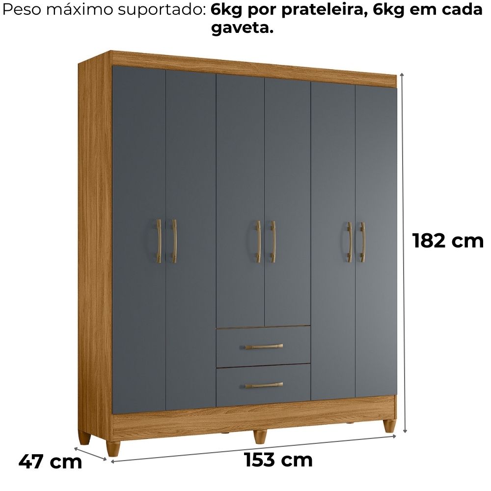 Guarda Roupa Casal Panama 6P 153 cm Freijo Cinza Moval