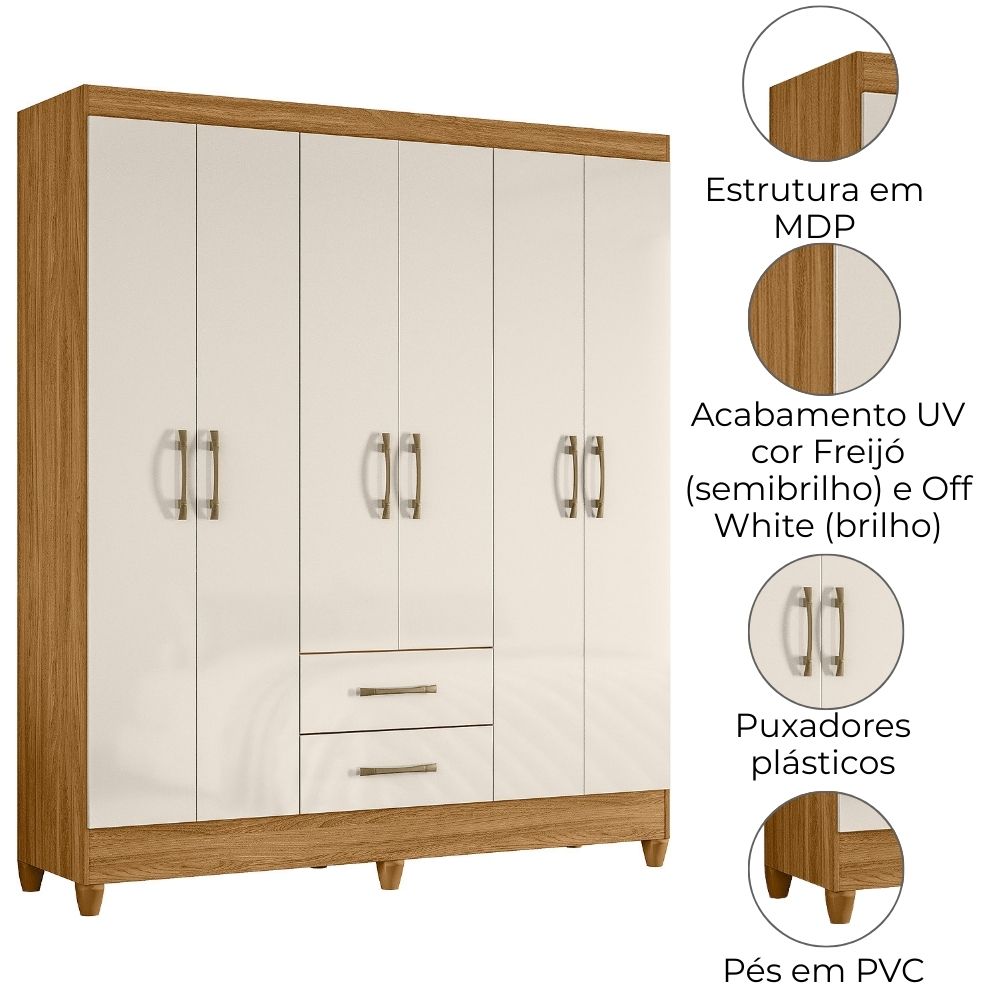 Guarda Roupa Casal Panama 6P 153 cm Freijo Off White Moval