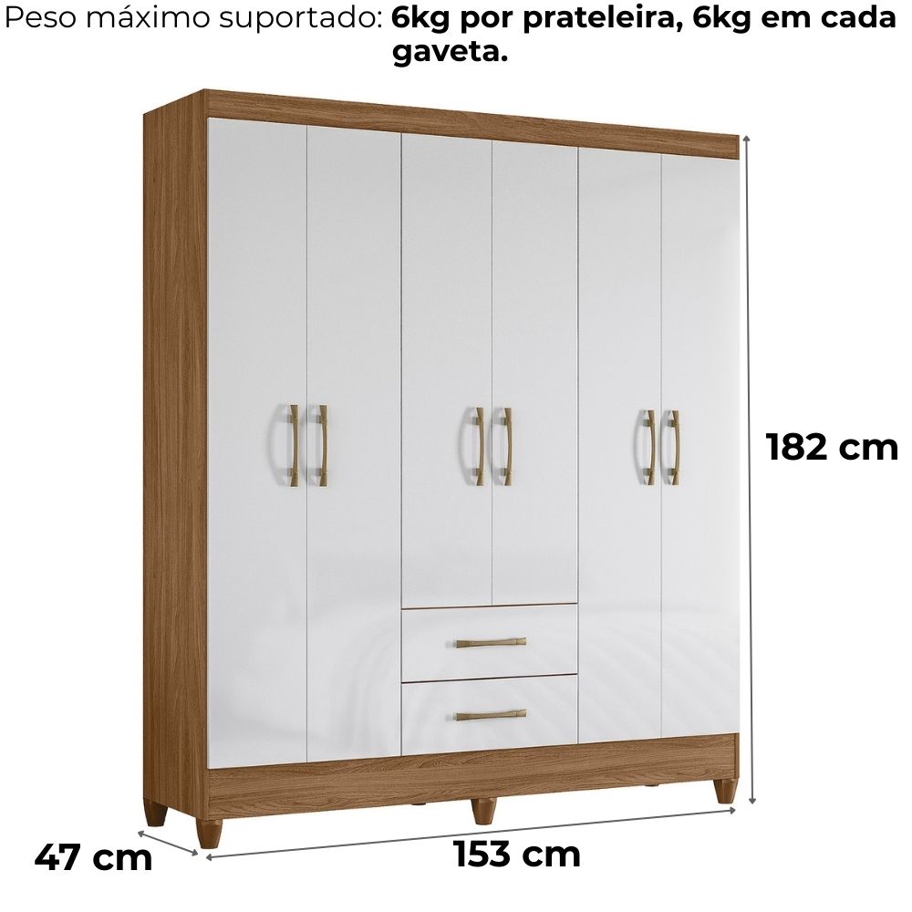 Guarda Roupa Casal Panama 6P 153 cm Naturale Branco Moval