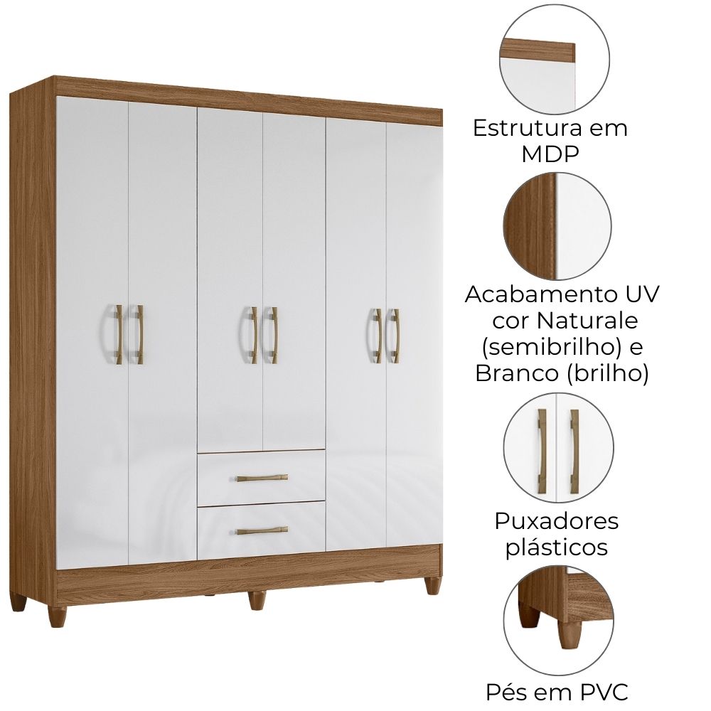 Guarda Roupa Casal Panama 6P 153 cm Naturale Branco Moval
