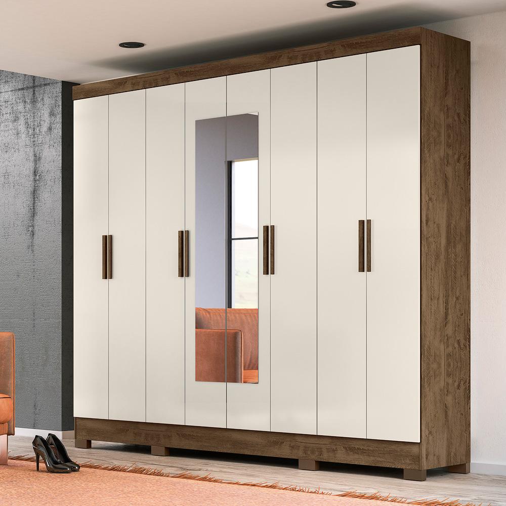 Guarda Roupa Casal com 8 portas com espelho 4 gavetas Castanho Wood / Baunilha Diplomata - Moval