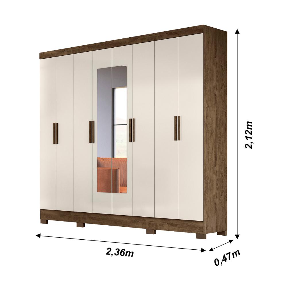 Guarda Roupa Casal com 8 portas com espelho 4 gavetas Diplomata - Castanho Wood / Baunilha