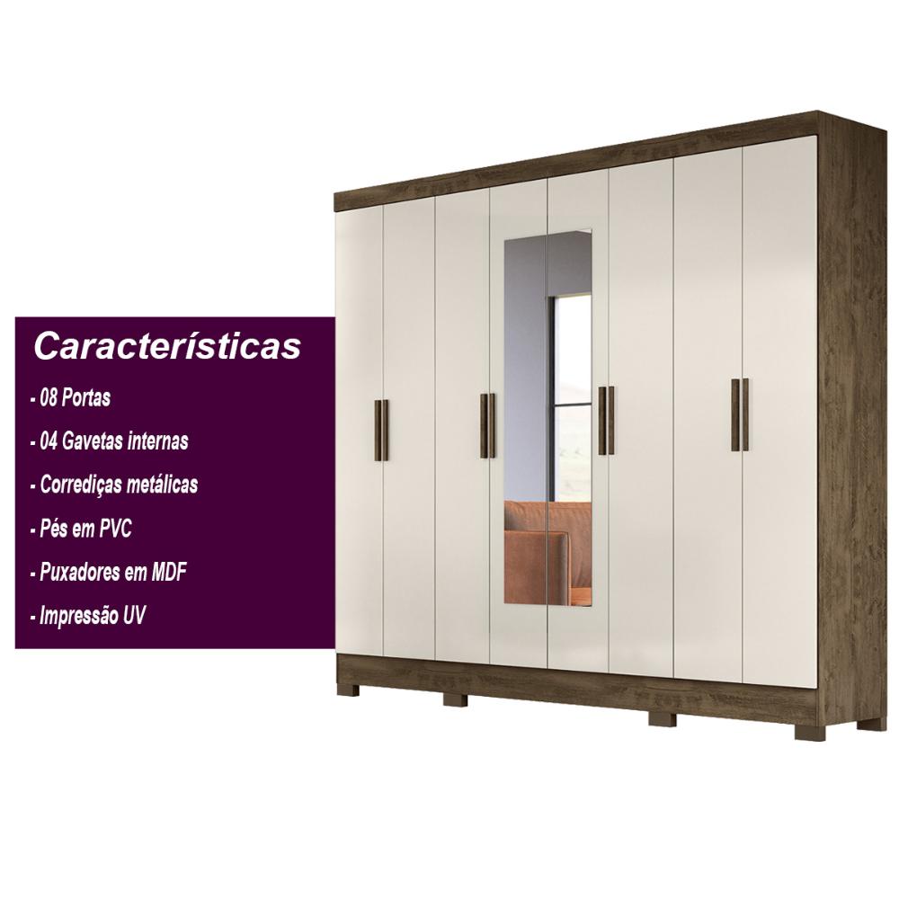 Guarda Roupa Casal com 8 portas com espelho 4 gavetas Diplomata - Castanho Wood / Baunilha
