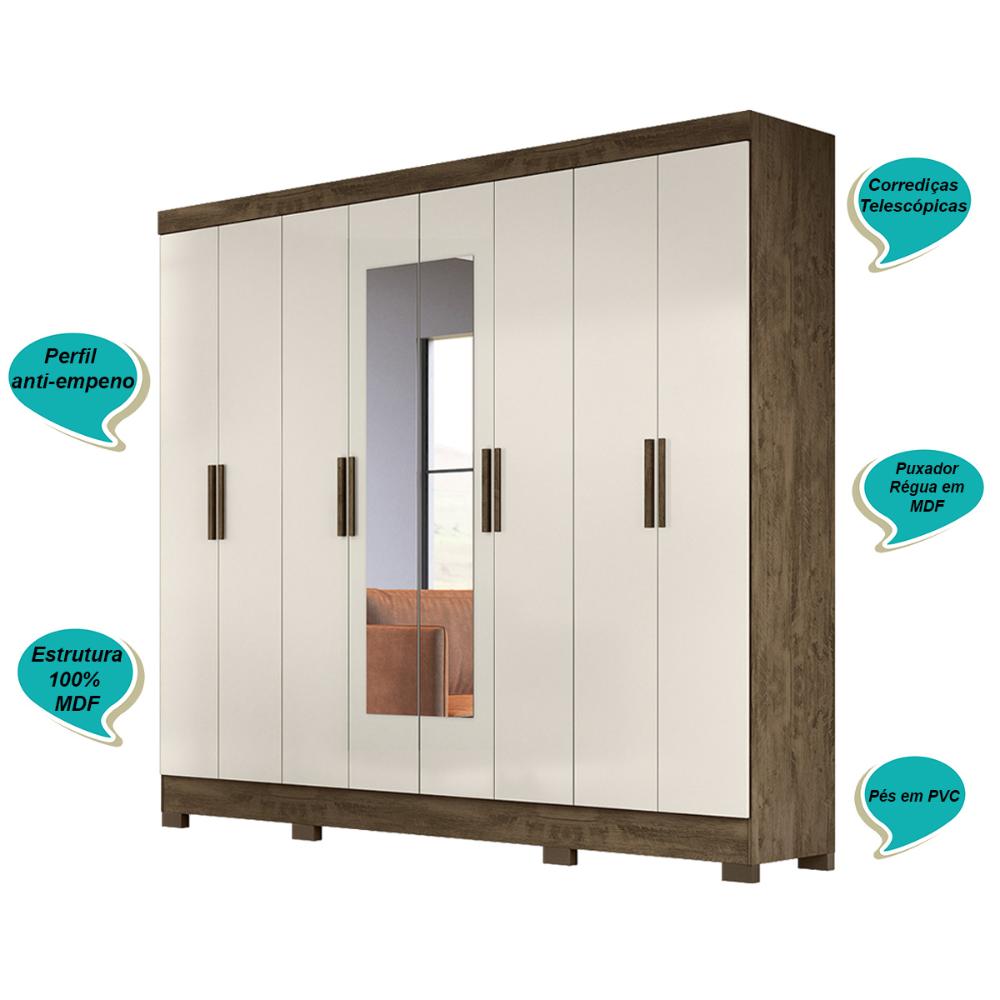 Guarda Roupa Casal com 8 portas com espelho 4 gavetas Diplomata - Castanho Wood / Baunilha