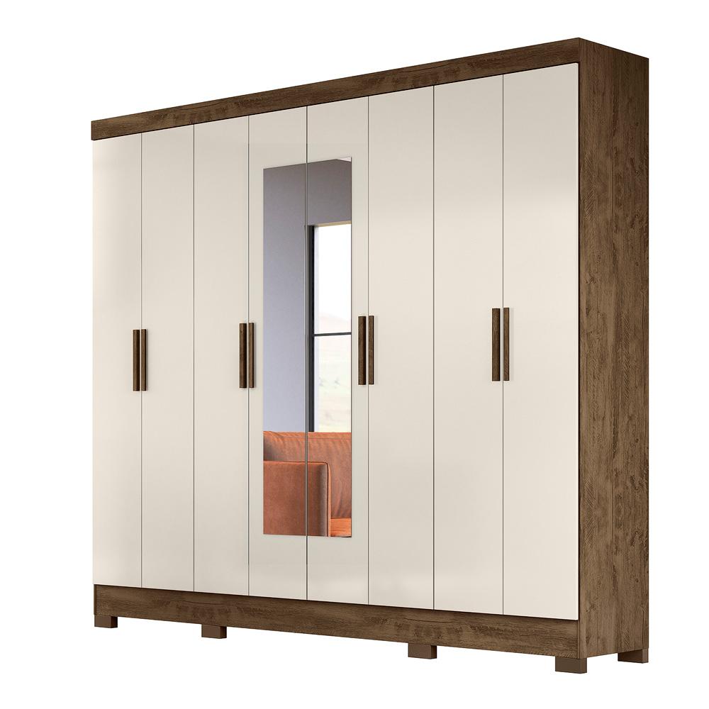 Guarda Roupa Casal com 8 portas com espelho 4 gavetas Diplomata - Castanho Wood / Baunilha