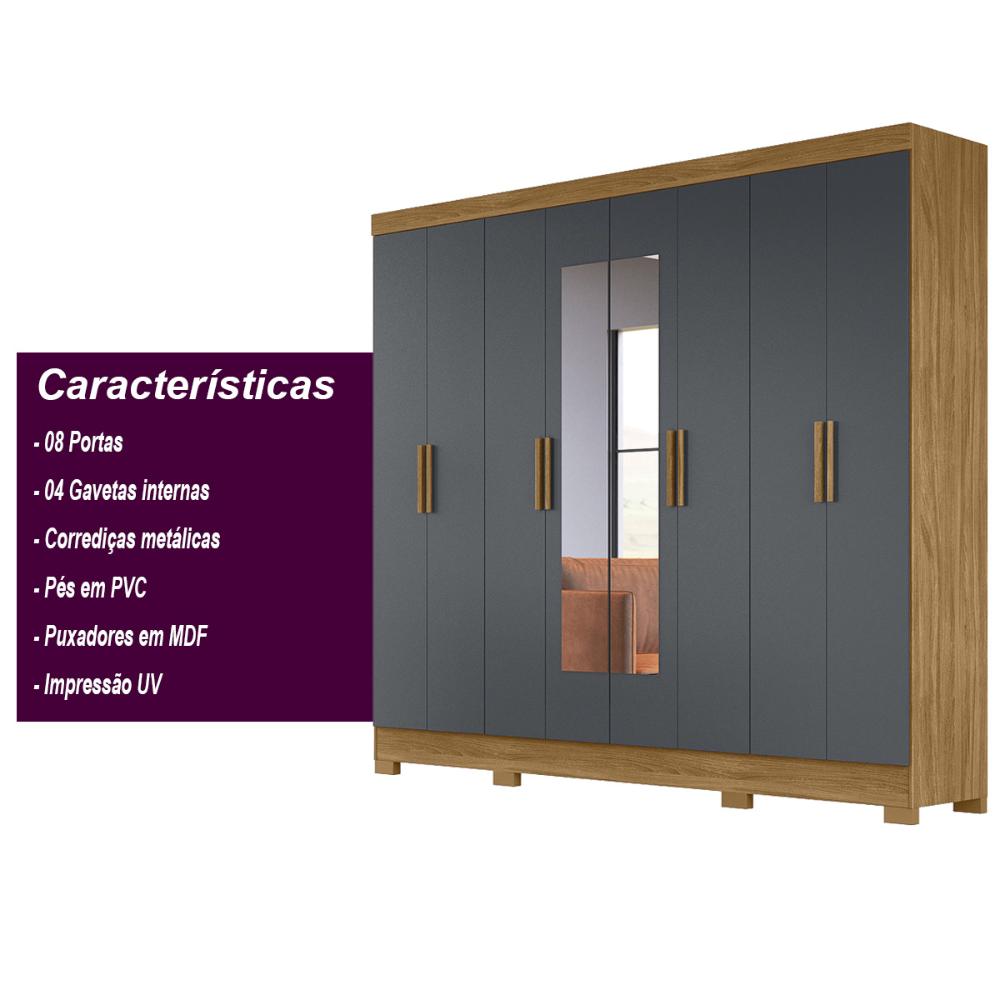 Guarda Roupa Casal com 8 portas com espelho 4 gavetas Diplomata - Freijo / Cinza