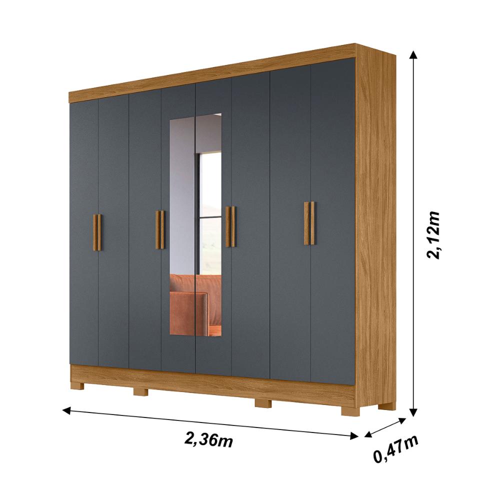 Guarda Roupa Casal com 8 portas com espelho 4 gavetas Freijo / Cinza Diplomata - Moval