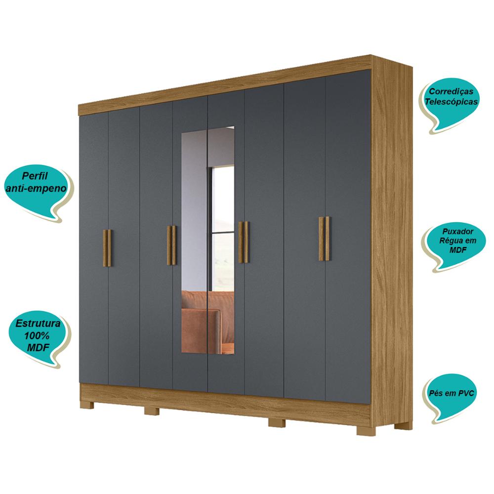 Guarda Roupa Casal com 8 portas com espelho 4 gavetas Freijo / Cinza Diplomata - Moval