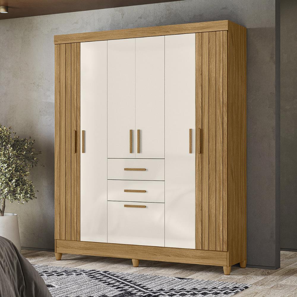 Guarda Roupa Malta Quarto Casal com 6 Portas e 2 Gavetas Freijo/Off White