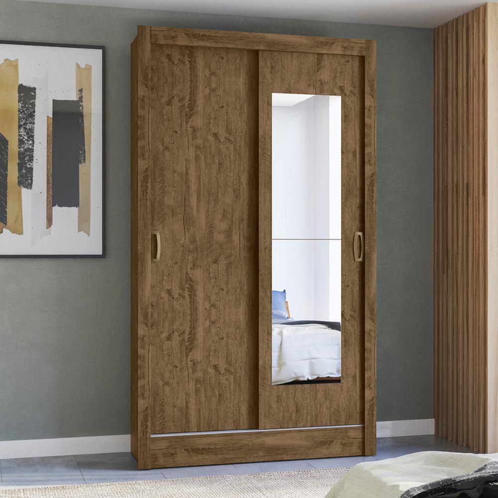 Guarda Roupa Solteiro 2 Portas deslizantes com Espelho Castanho Wood Natal - Moval