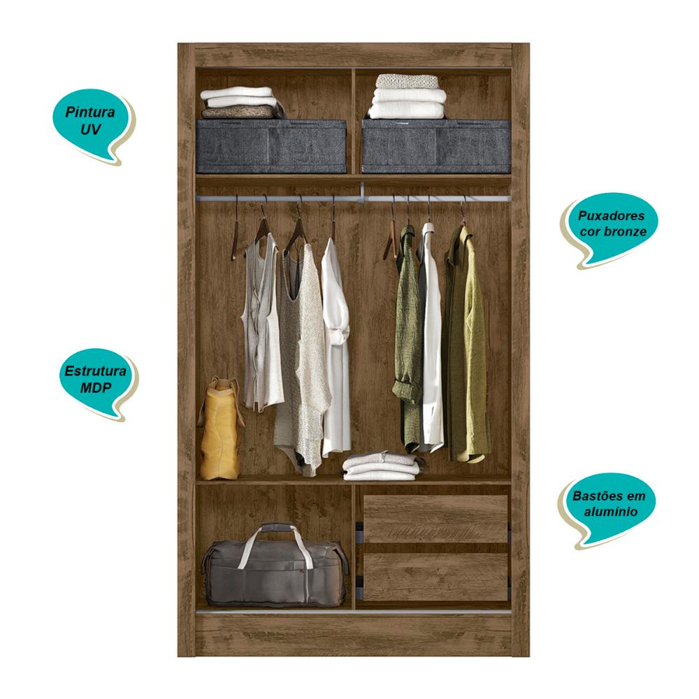 Guarda Roupa Solteiro 2 Portas deslizantes com Espelho Castanho Wood Natal - Moval