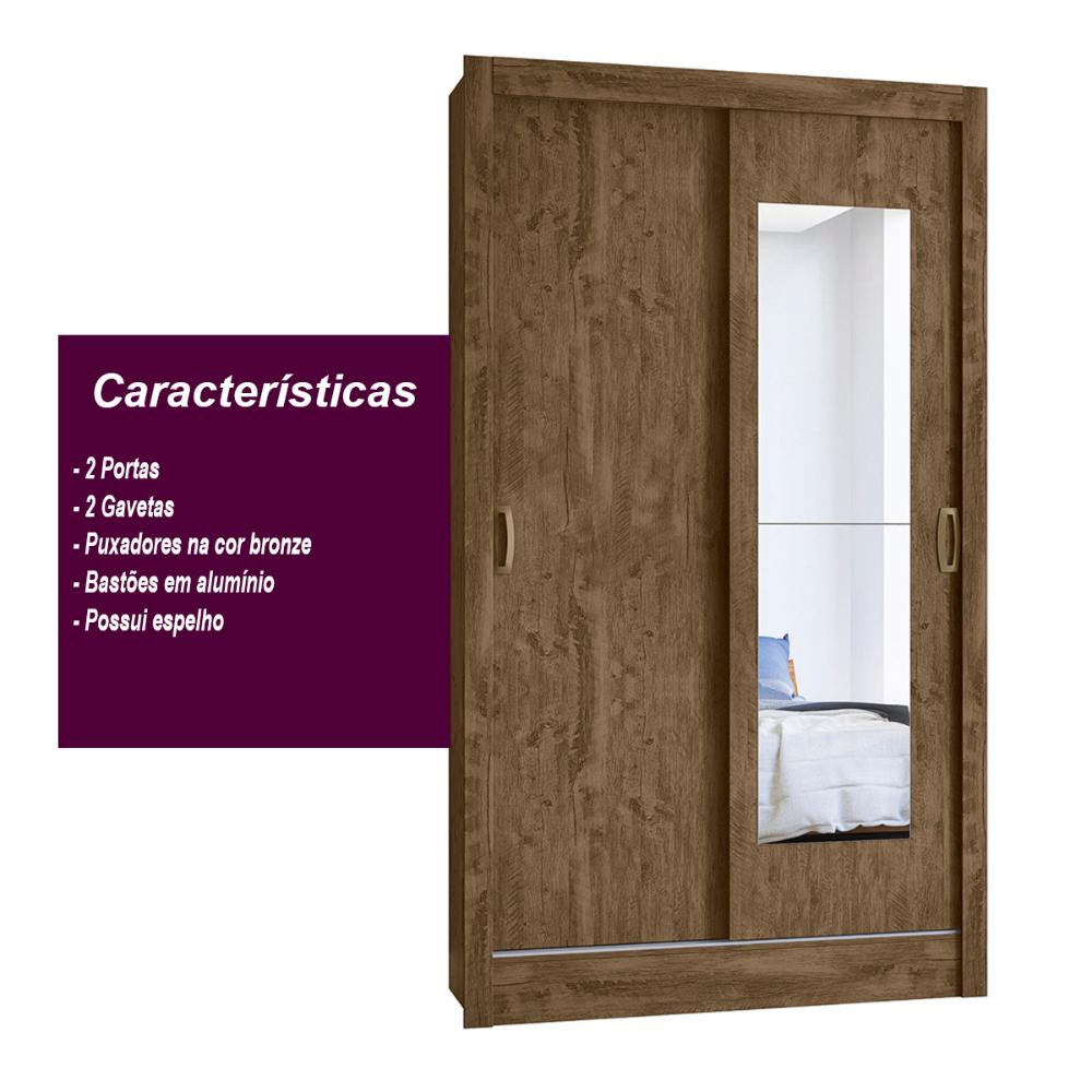 Guarda Roupa Solteiro 2 Portas deslizantes com Espelho Castanho Wood Natal - Moval