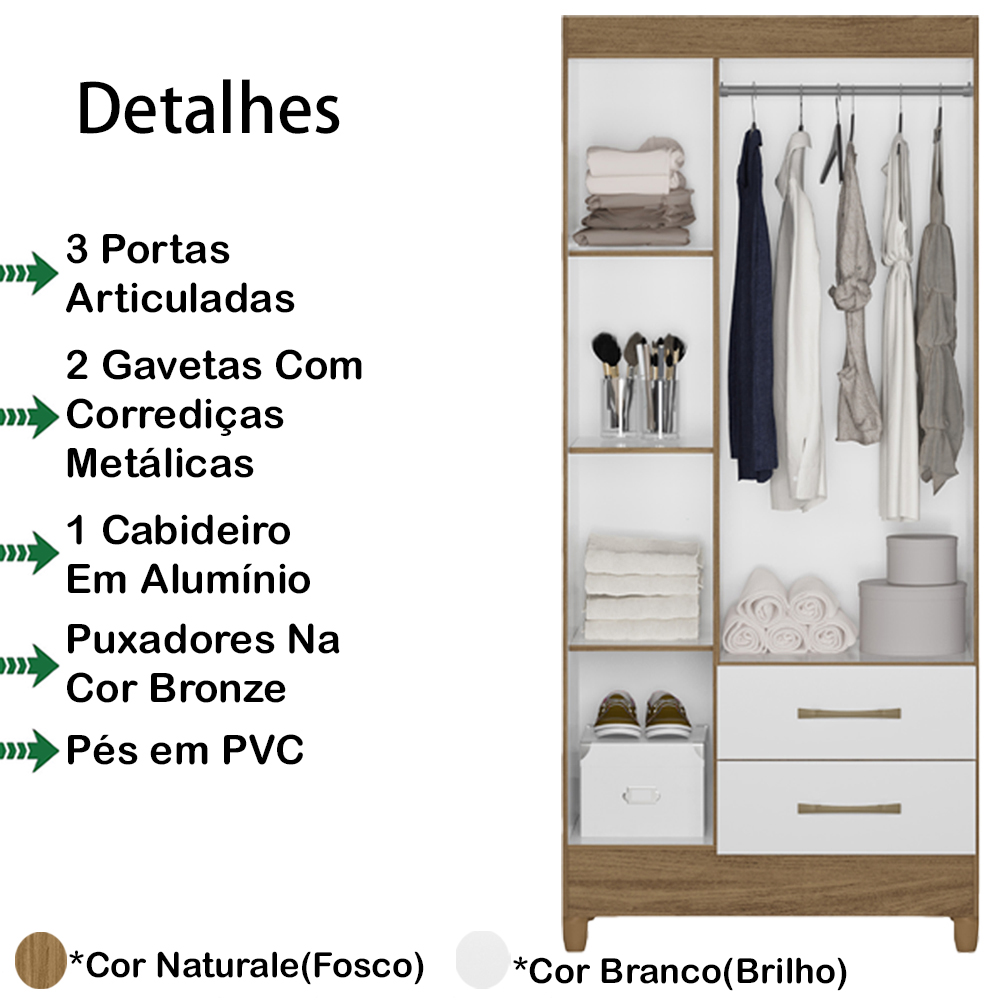 Guarda Roupa Solteiro 3 Portas 9510 Naturale Branco Moval