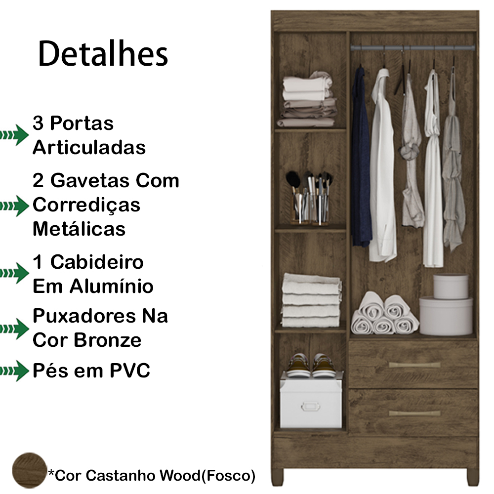 Guarda Roupa Solteiro 3 Portas 9513 Castanho Wood Moval