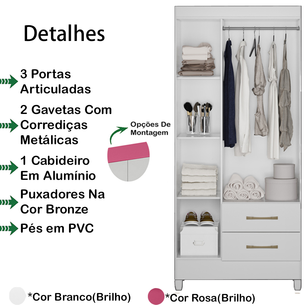 Guarda Roupa Solteiro 3 Portas 9514 Branco Flex Moval