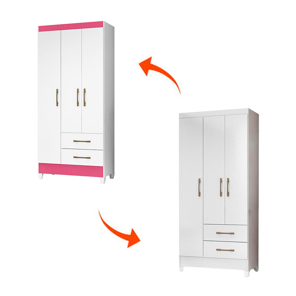 Guarda Roupa Solteiro 3 portas 2 gavetas Lima - Branco / Rosa Flex