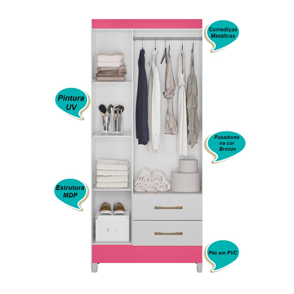 Guarda Roupa Solteiro 3 portas 2 gavetas Lima - Branco / Rosa Flex