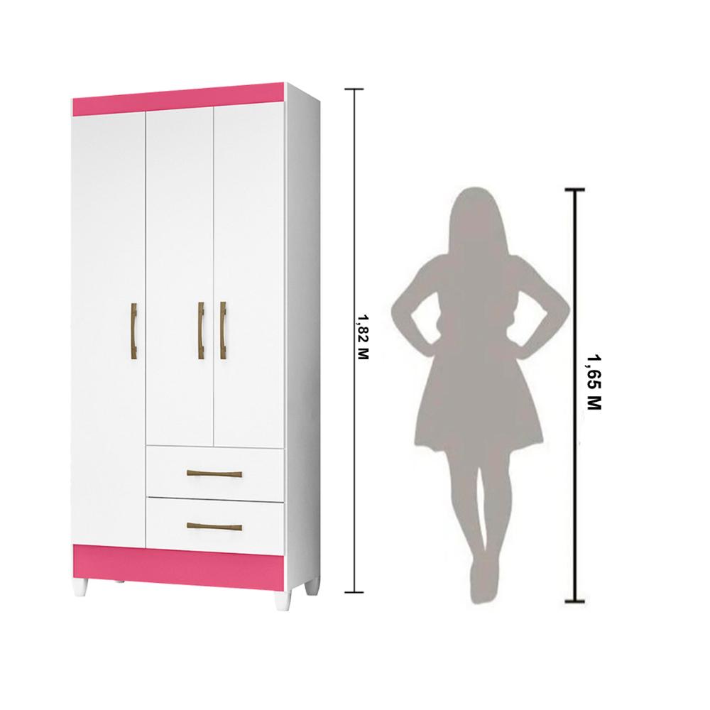Guarda Roupa Solteiro 3 portas 2 gavetas Lima - Branco / Rosa Flex