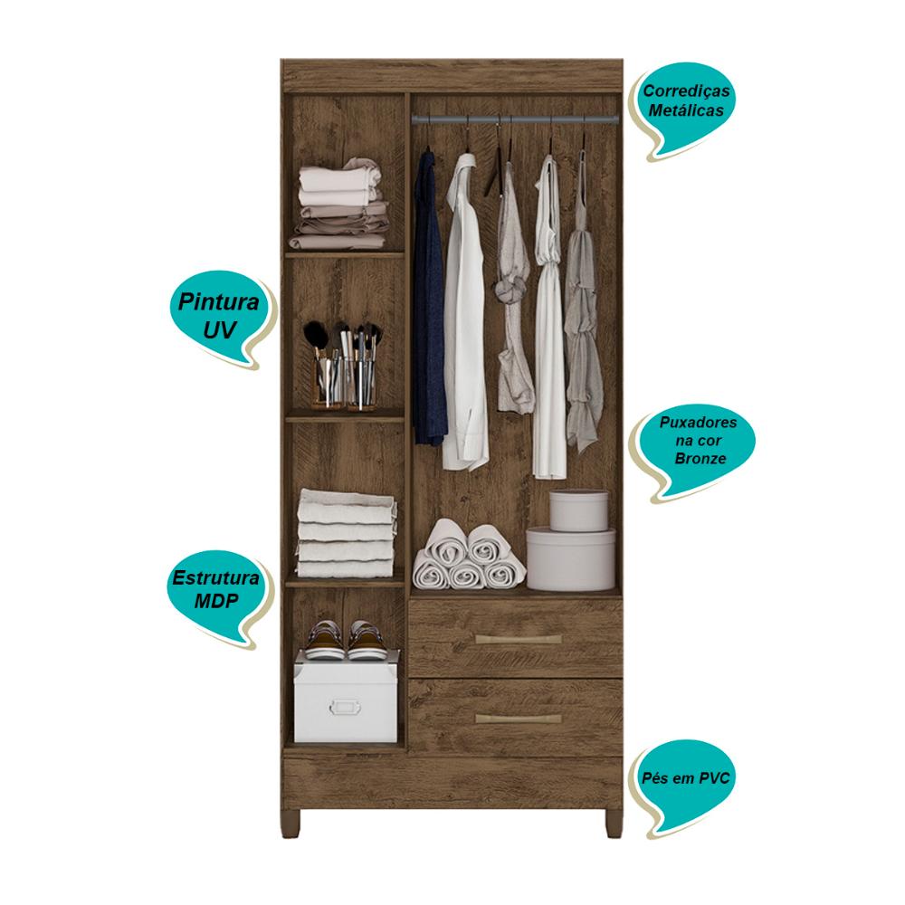 Guarda Roupa Solteiro 3 portas 2 gavetas Lima - Castanho Wood