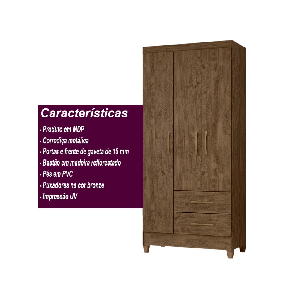 Guarda Roupa Solteiro 3 portas 2 gavetas Lima - Castanho Wood