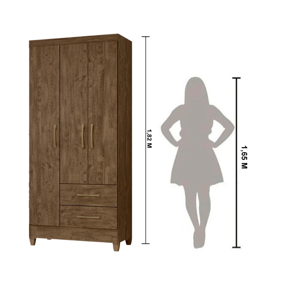 Guarda Roupa Solteiro 3 portas 2 gavetas Lima - Castanho Wood