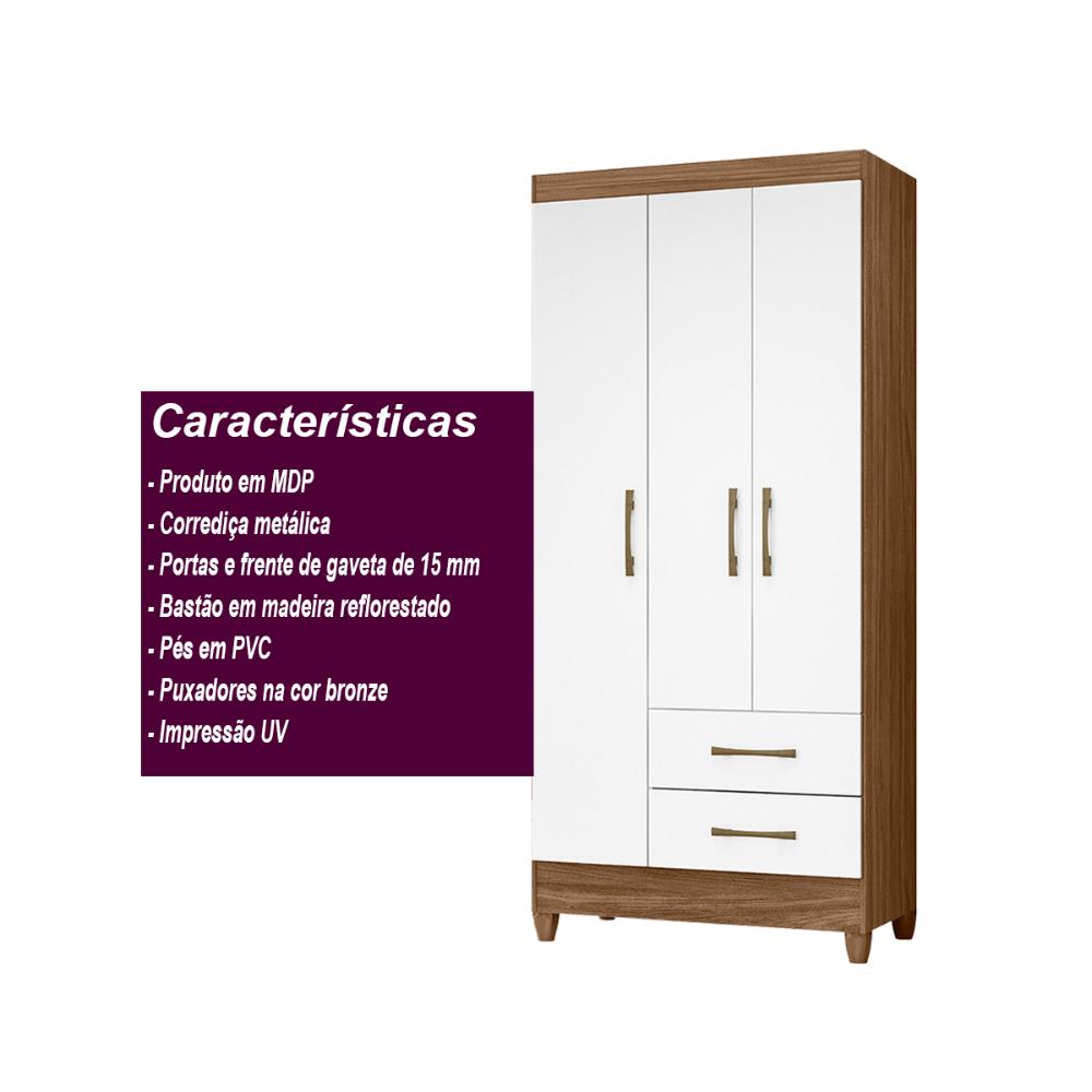 Guarda Roupa Solteiro 3 portas 2 gavetas Lima - Naturale / Branco
