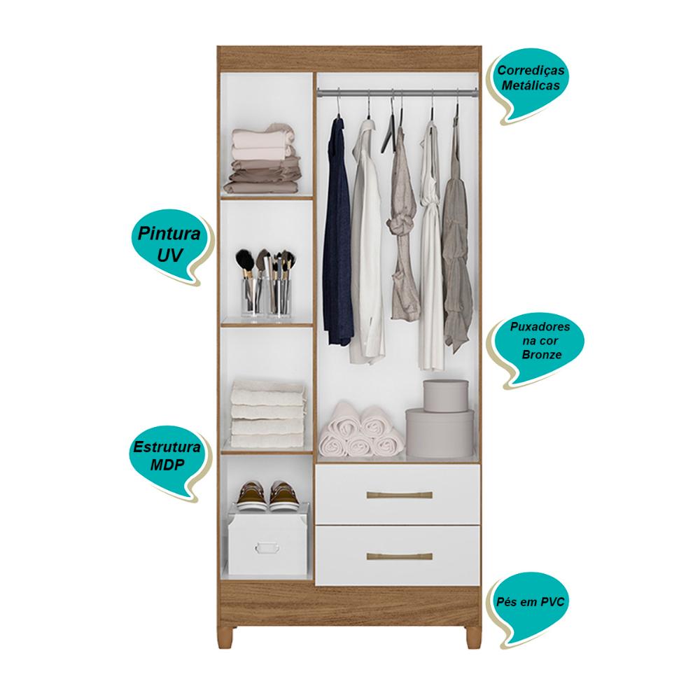 Guarda Roupa Solteiro 3 portas 2 gavetas Lima - Naturale / Branco