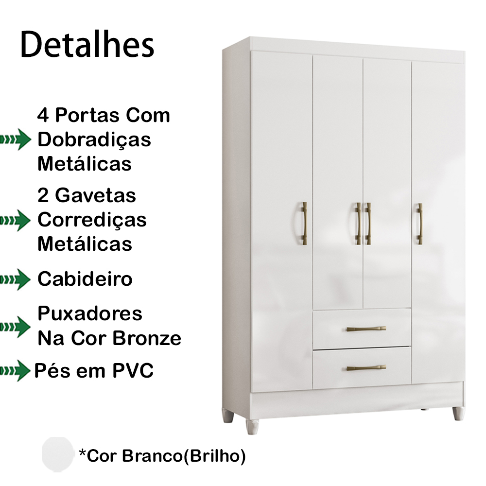 Guarda Roupa Solteiro 4 Portas 0410 Branco Moval