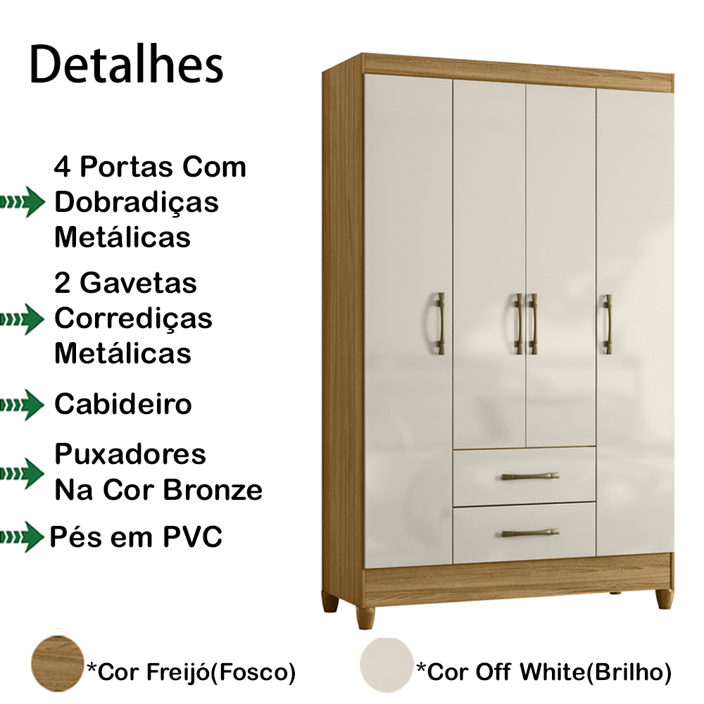 Guarda Roupa Solteiro 4 Portas 0410 Freijo Off White Moval