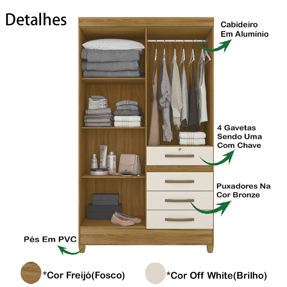 Guarda Roupa Solteiro 4 Portas 8700 Freijo Off White Moval