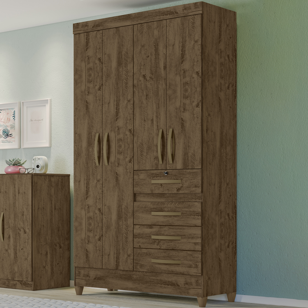 Guarda Roupa Solteiro 4 Portas 8703 Castanho Wood Moval