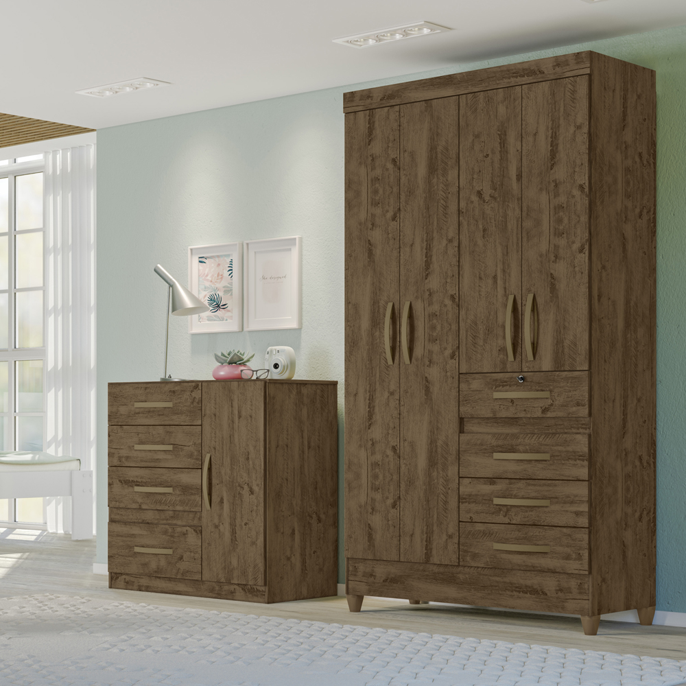 Guarda Roupa Solteiro 4 Portas 8703 Castanho Wood Moval
