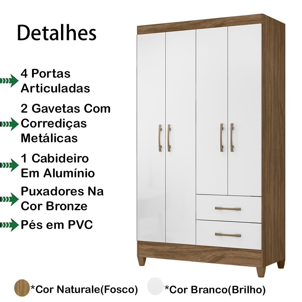 Guarda Roupa Solteiro 4 Portas 9520 Naturale Branco Moval